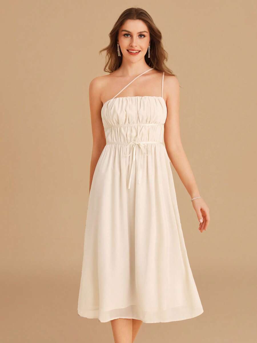 SHEIN Belle One Shoulder Ruched Bust Belted Dress - Apricot - View 1