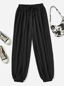SHEIN EZwear 素色腰上打結闊腿褲 - 黑色 - 查看 1