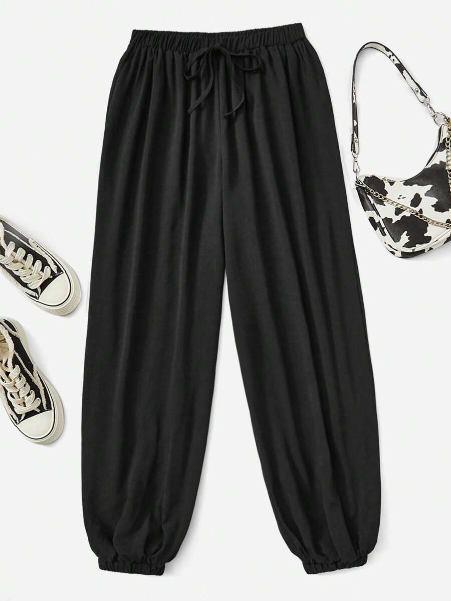 SHEIN EZwear Quần nữ Thắt nút màu trơn Giải trí - màu đen - Xem 1