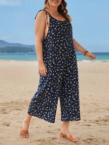 SHEIN VCAY Jumpsuits Plus Size Thắt nút Họa tiết hoa Boho - Màu xanh hải quân - Xem 6