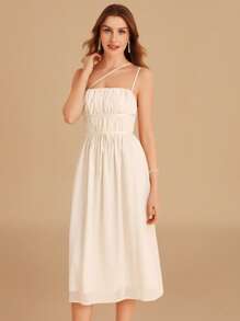 SHEIN Belle One Shoulder Ruched Bust Belted Dress - Apricot - View 3