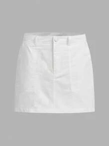 SHEIN EZwear 素色斜口袋半身裙 - 白色 - 查看 1