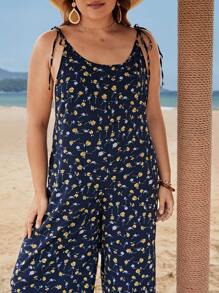 SHEIN VCAY Jumpsuits Plus Size Thắt nút Họa tiết hoa Boho - Màu xanh hải quân - Xem 4