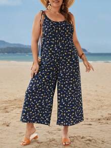 SHEIN VCAY Jumpsuits Plus Size Thắt nút Họa tiết hoa Boho - Màu xanh hải quân - Xem 1