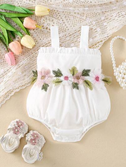 SHEIN Vintaside Kids Baby Girls Vintage Flower Embroidery Bodysuit, Elegant And Cute Design For Outdoor Play, Spring Summer