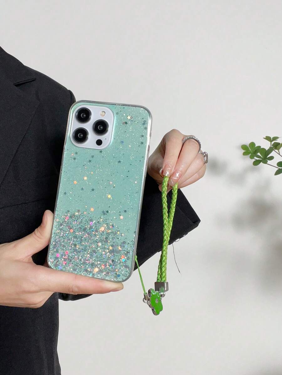 Funda de teléfono con lentejuelas y cordón anti-caída - Verde - Ver 1