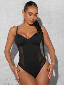 SHEIN SXY 素色緊身吊帶連體衣 - 黑色 - 查看 4