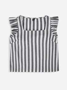 SHEIN VCAY 條紋印花荷葉邊方領襯衫 - 彩色 - 查看 3