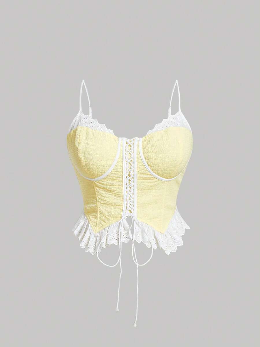 SHEIN MOD Áo hai dây Plus Size Tương phản ren Ren lên Dải chun Tranh thêu Khối Màu Boho - Màu vàng - Xem 1