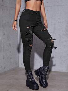 SHEIN PETITE 破洞帶扣細節緊身牛仔褲 - 黑色 - 查看 3