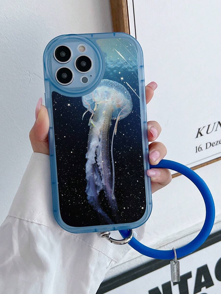 Jellyfish Pattern Phone Case With Ring Pendant - Multicolor - View 1
