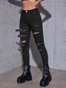 SHEIN PETITE 破洞帶扣細節緊身牛仔褲 - 黑色 - 查看 6