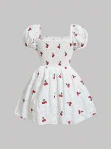 SHEIN MOD Vestido de campesino de mangas abultadas con bordado de patrón de cerezas para talla grande, ideal para el verano - Blanco - Ver 2