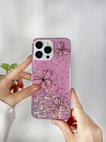 1pc Artistic 3d Bow-Knot Design Pink Phone Case With Starry Glitter, Compatible With Iphone & Android, Shockproof - Pink - View 1