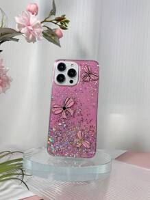 1pc Artistic 3d Bow-Knot Design Pink Phone Case With Starry Glitter, Compatible With Iphone & Android, Shockproof - Pink - View 2