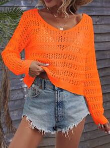 SHEIN VCAY 鏤空針織落肩袖套頭毛衣 - 亮橙色 - 查看 5