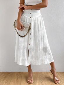 SHEIN VCAY 高腰前紐扣喇叭半身裙 - 白色 - 查看 4