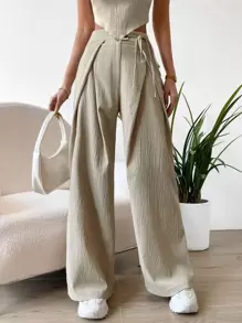 SHEIN x Marika Sila Chiquease Solid Bandana Hem Tie Backless Tube Top & Wide Leg Trousers - Khaki - View 3