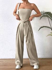 SHEIN x Marika Sila Chiquease Solid Bandana Hem Tie Backless Tube Top & Wide Leg Trousers - Khaki - View 4