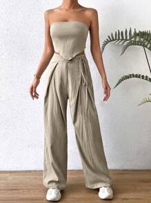 SHEIN x Marika Sila Chiquease Solid Bandana Hem Tie Backless Tube Top & Wide Leg Trousers - Khaki - View 8
