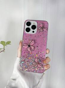1pc Artistic 3d Bow-Knot Design Pink Phone Case With Starry Glitter, Compatible With Iphone & Android, Shockproof - Pink - View 4