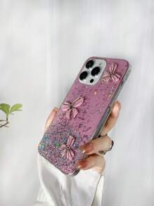 1pc Artistic 3d Bow-Knot Design Pink Phone Case With Starry Glitter, Compatible With Iphone & Android, Shockproof - Pink - View 6