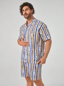 Men Striped & Belt Print Shirt & Shorts PJ Set - Multicolor - View 4