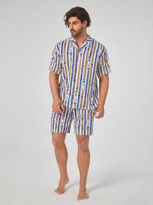 Men Striped & Belt Print Shirt & Shorts PJ Set - Multicolor - View 6