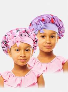 2pcs Kids Printed Elastic Ribbon Round Cap, Suitable For Everyday Use