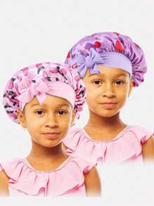 2pcs Kids Printed Elastic Ribbon Round Cap, Suitable For Everyday Use