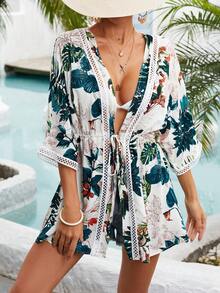 SHEIN VCAY Tropical Print Drawstring Waist Kimono Without Bikini Set Summer - Multicolor - View 6