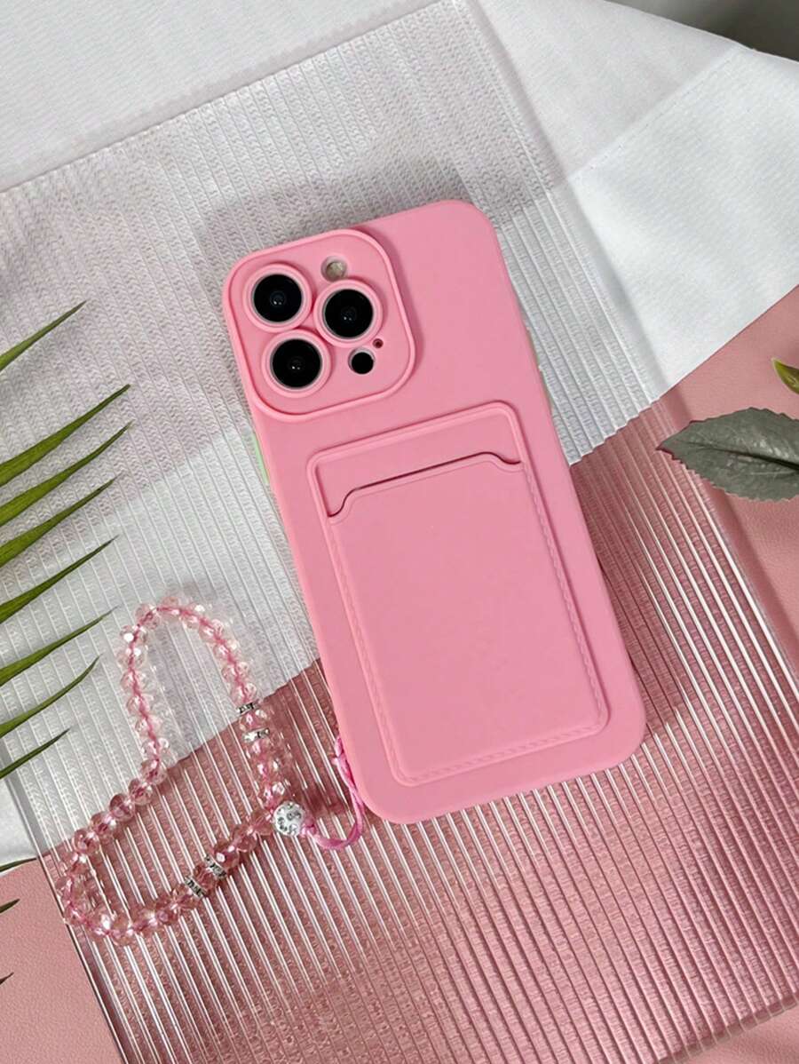 Vỏ điện thoại trơn có khe cắm thẻ & dây buộc - Hồng - Xem 1