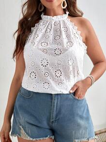 SHEIN VCAY Áo sơ mi Plus Size viền lá sen Buộc lại Tranh thêu màu trơn Boho - trắng - Xem 3