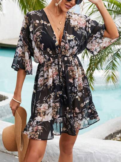 SHEIN VCAY Blommönster Knyt Front Ruffle Hem Cover Up Utan Bikini Set Sommar