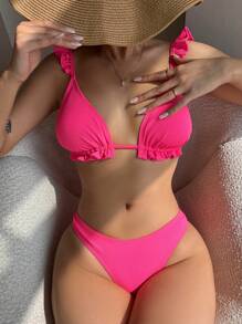 褶邊三角形高衩比基尼泳裝 - 玫紅色 - 查看 5