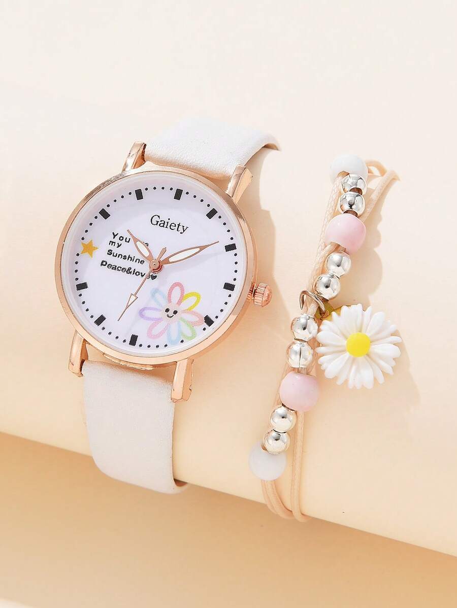 1pc Girl PU Polyurethane Strap Casual Round Dial Quartz Watch & 1pc Flower Charm Beaded Bracelet, For Daily Decoration