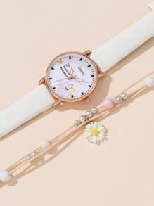 1pc Girl PU Polyurethane Strap Casual Round Dial Quartz Watch & 1pc Flower Charm Beaded Bracelet, For Daily Decoration