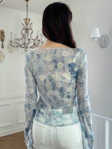 DAZY 花卉印花打結染色網紗上衣,無胸墊 - 彩色 - 查看 2
