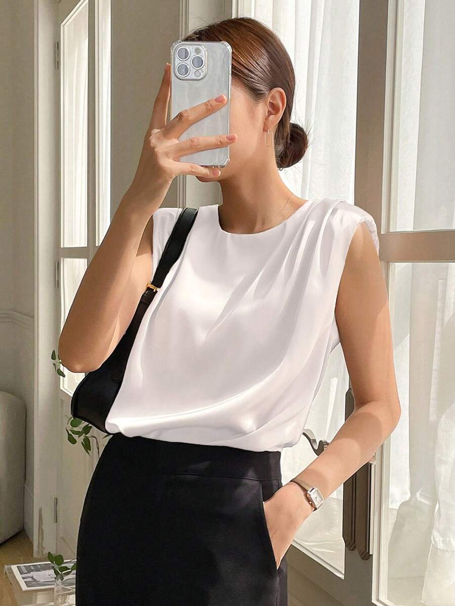 DAZY Solid Shoulder Pad Sleeveless Blouse - White - View 1