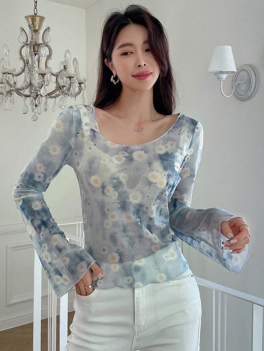 DAZY 花卉印花打結染色網紗上衣,無胸墊 - 彩色 - 查看 1