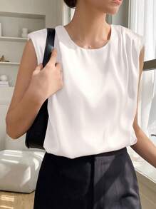 DAZY Solid Shoulder Pad Sleeveless Blouse - White - View 4