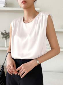 DAZY Solid Shoulder Pad Sleeveless Blouse - White - View 5