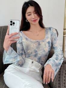 DAZY 花卉印花打結染色網紗上衣,無胸墊 - 彩色 - 查看 8