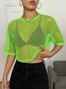 Muchica Women's Fluorescent Green Round Neck Drop Shoulder Short Sleeve Cropped Loose Top - Green - View 4