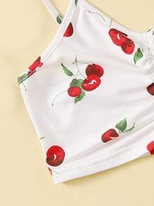 SHEIN Niñas Top de tirantes con estampado de cereza fruncido delantero - Blanco - Ver 4