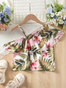 SHEIN Girls Tropical Print Asymmetrical Neck Ruffle Trim Blouse - Multicolor - View 2