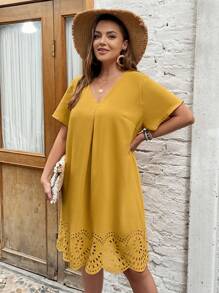 SHEIN Clasi Đầm Plus Size Cắt ra Sò điệp màu trơn Giải trí - Màu vàng - Xem 3