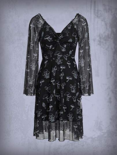 Vestido con estampado de seta girante delantero de malla