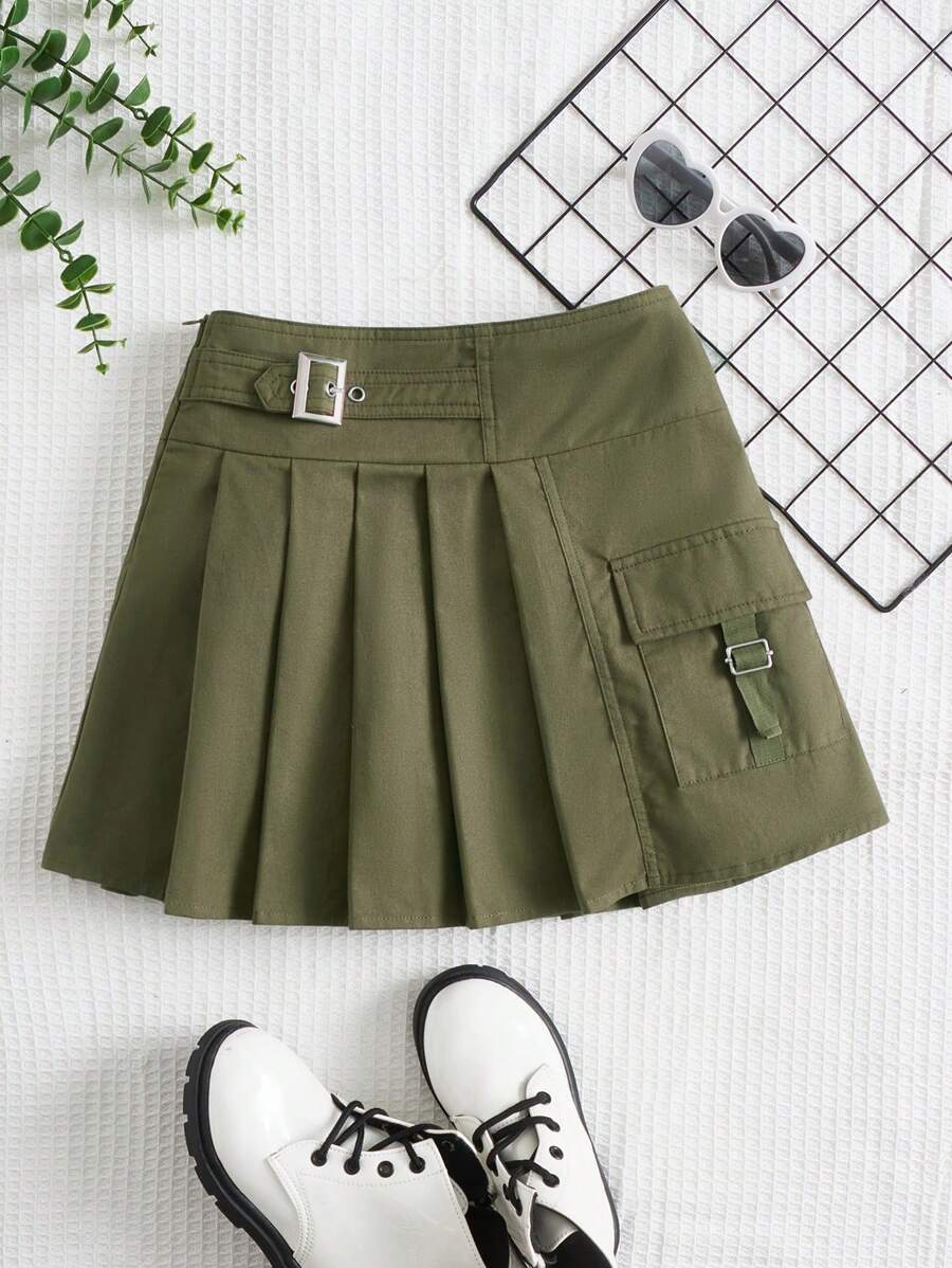 SHEIN Váy Gái Xếp li Túi Dây kéo Thùa khuyết màu trơn Giải trí - xanh quân đội - Xem 1
