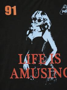 SHEIN Coolane 人物和標語圖案撞色滾邊短款T恤 - 黑色 - 查看 5